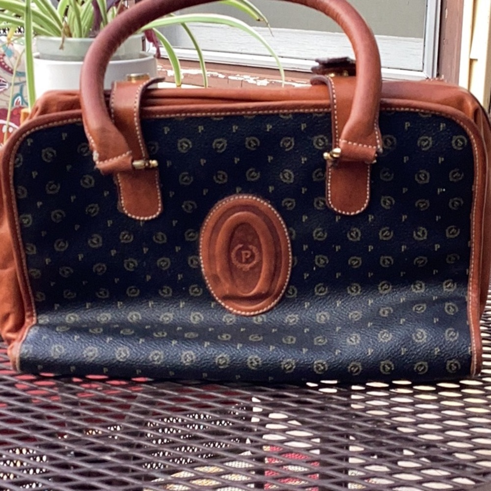 Pollini dark or black background color Canvas Satchel with Brown Leather Trim
